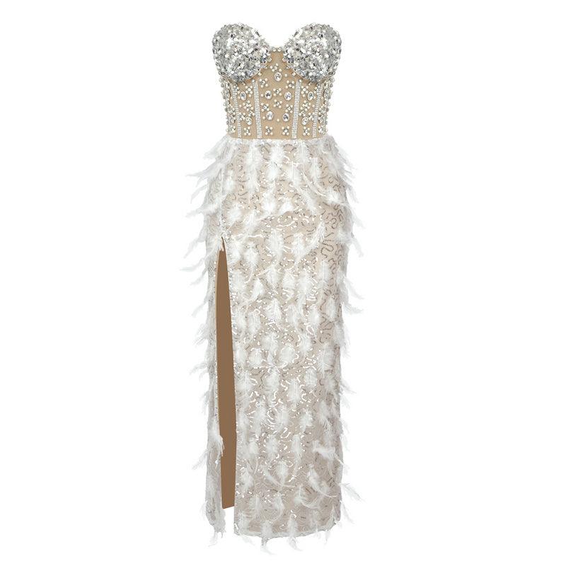 Addie Sweetheart Crystal Embellished Feather Midi Dress