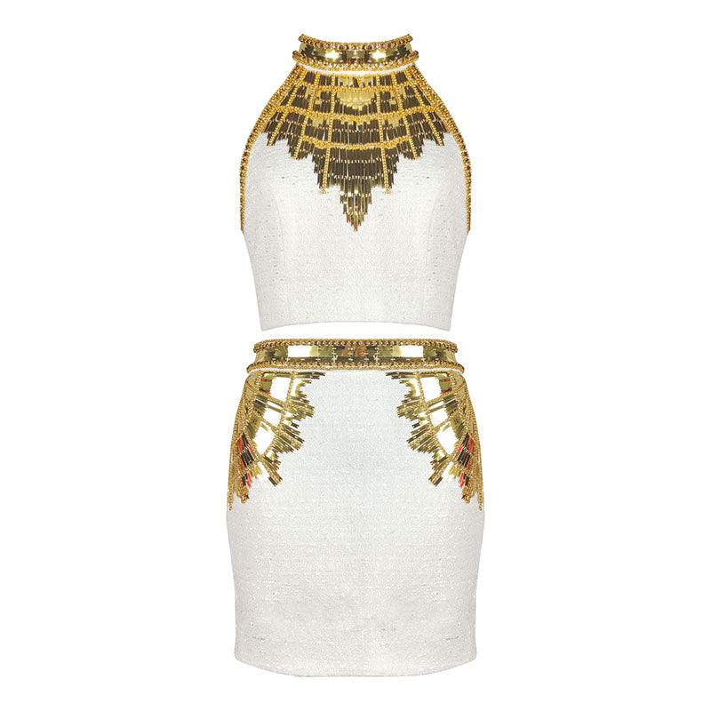 Anna Sleeveless Mock Neck Golden Sequin Knitted Mini Dress