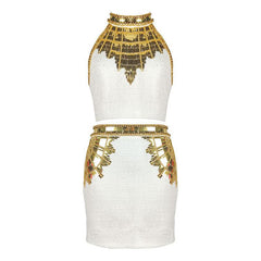 Anna Sleeveless Mock Neck Golden Sequin Knitted Mini Dress