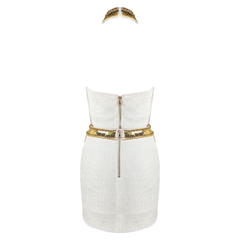 Anna Sleeveless Mock Neck Golden Sequin Knitted Mini Dress
