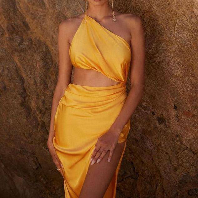 Barbara Asymmetrical Neck Side Slit Satin Maxi Dress