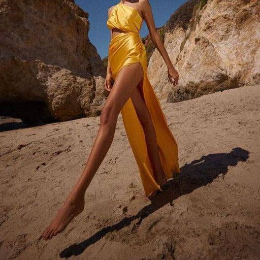 Barbara Asymmetrical Neck Side Slit Satin Maxi Dress