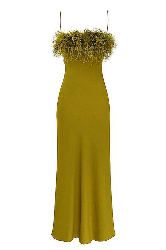 Cristy Spaghetti Dress Faux Fur Satin Maxi Dress
