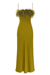 Cristy Spaghetti Dress Faux Fur Satin Maxi Dress