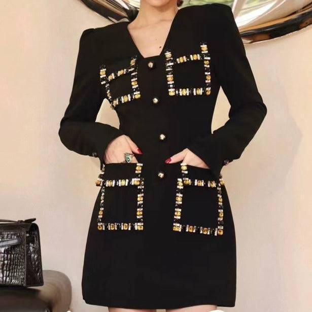 Darylene Long Sleeve V Neck Square Diamond Embellished Mini Dress