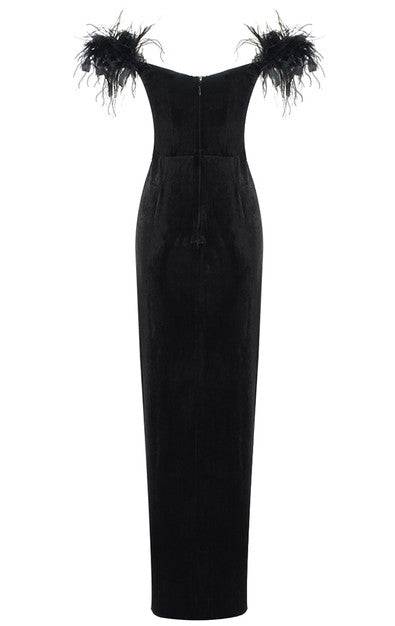 Esmeralda Feather Side Slit Maxi Dress