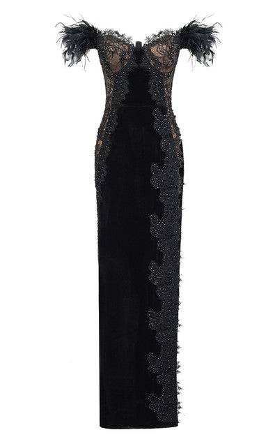 Esmeralda Feather Side Slit Maxi Dress