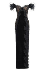 Esmeralda Feather Side Slit Maxi Dress