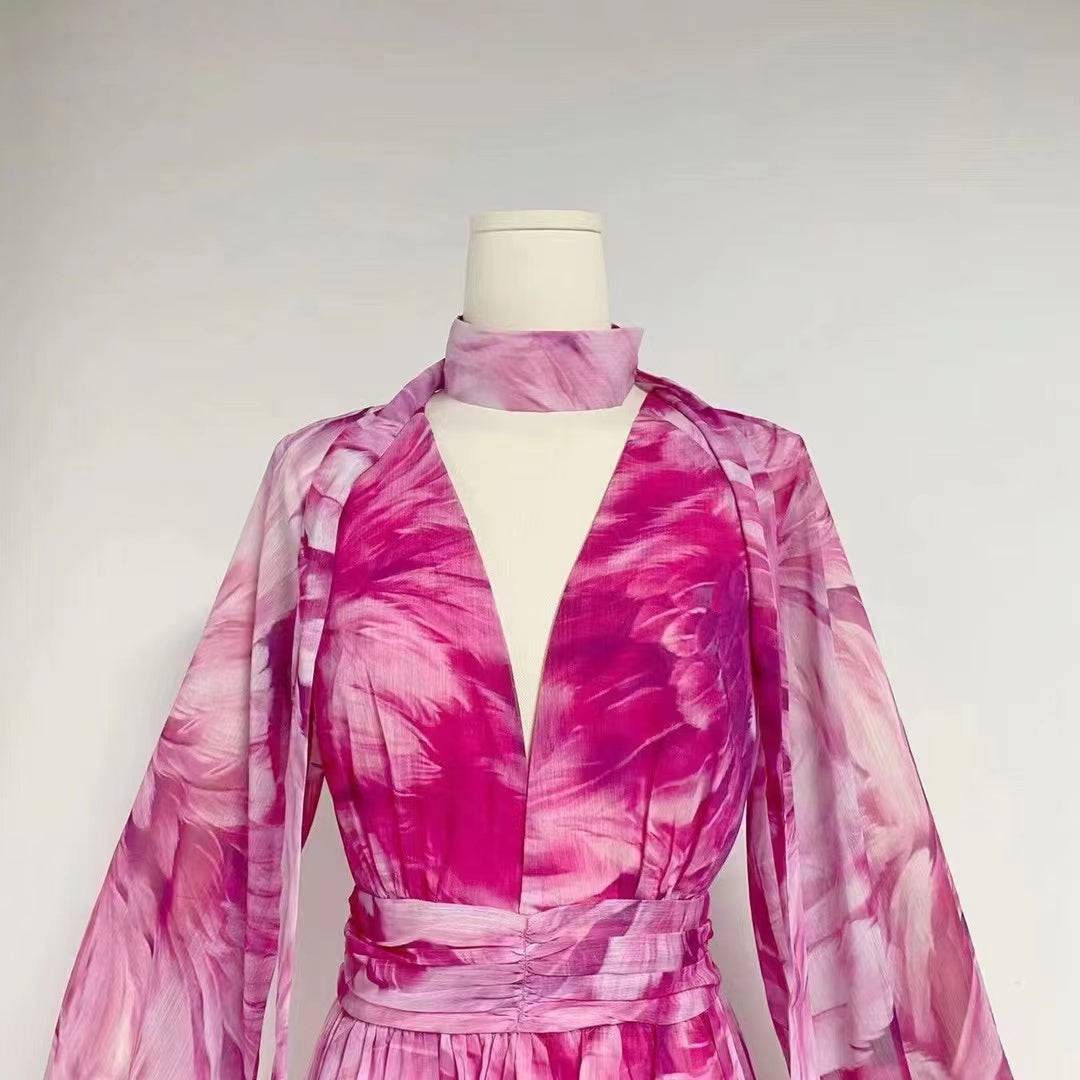Etienne V Neck Lantern Sleeve Colorblock Floral Maxi Dress