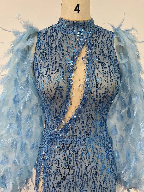 Frida Feather Long Sleeve Mesh Sequins Mini Dress