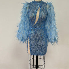 Frida Feather Long Sleeve Mesh Sequins Mini Dress