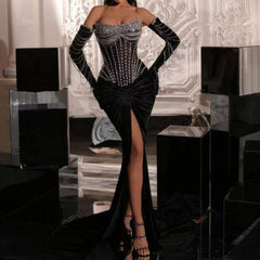 Galilea Velvet Slit Mermaid Dress with Tassel Silver Crystal Gloves