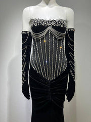 Galilea Velvet Slit Mermaid Dress with Tassel Silver Crystal Gloves