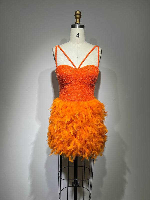 Janelle Sleeveless V-Neck Sequin Feather Mini Dress