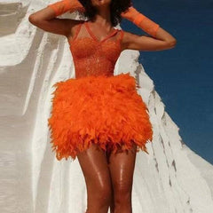 Janelle Sleeveless V-Neck Sequin Feather Mini Dress
