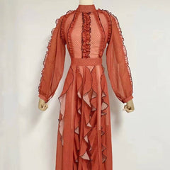 Journee Long-Sleeve Mock Neck Ruffle-Trim Dotted Mesh Maxi Dress