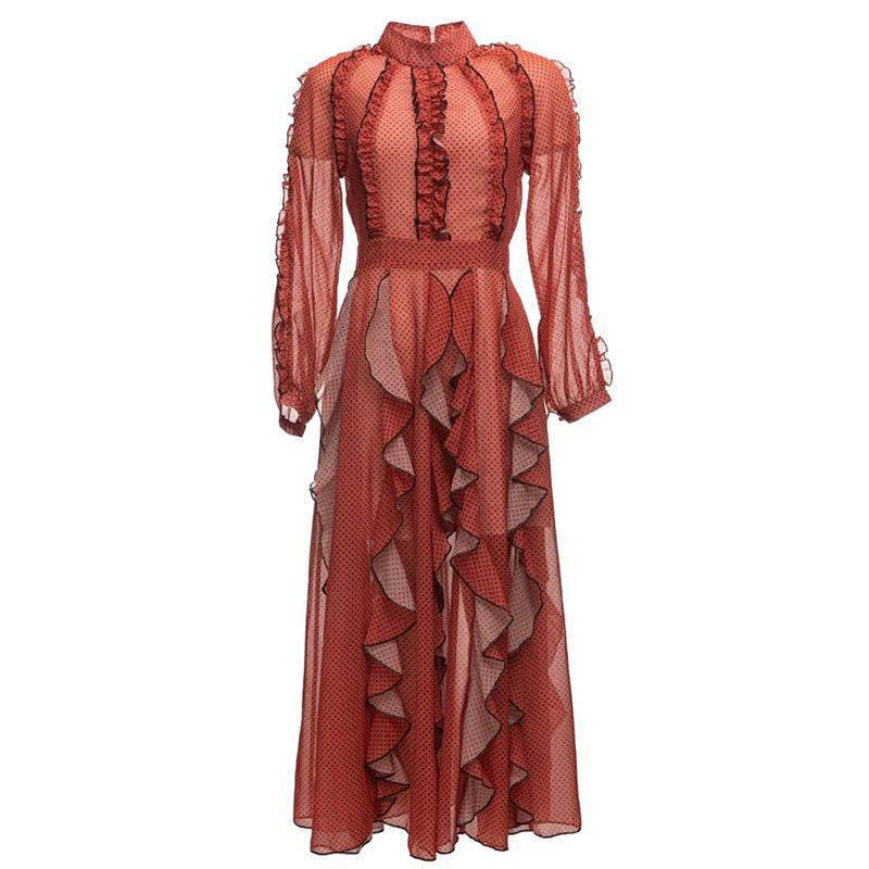 Journee Long-Sleeve Mock Neck Ruffle-Trim Dotted Mesh Maxi Dress
