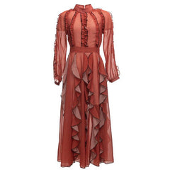 Journee Long-Sleeve Mock Neck Ruffle-Trim Dotted Mesh Maxi Dress