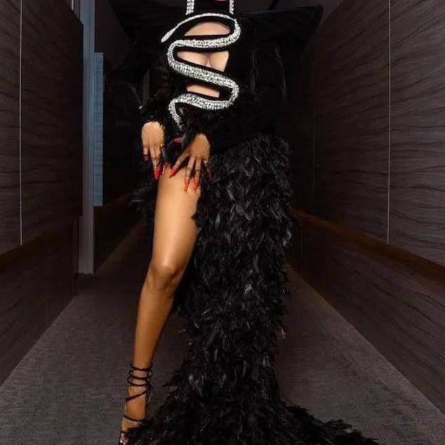 Julian Long Sleeve Rhinestone Embellished Feather Maxi Dress