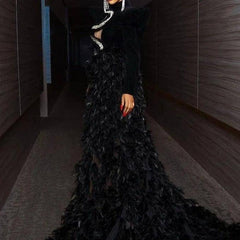 Julian Long Sleeve Rhinestone Embellished Feather Maxi Dress