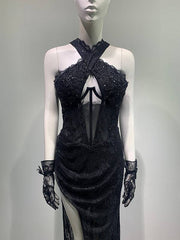 Leisha Sleeveless Lace Embellished Side Slit Maxi Dress