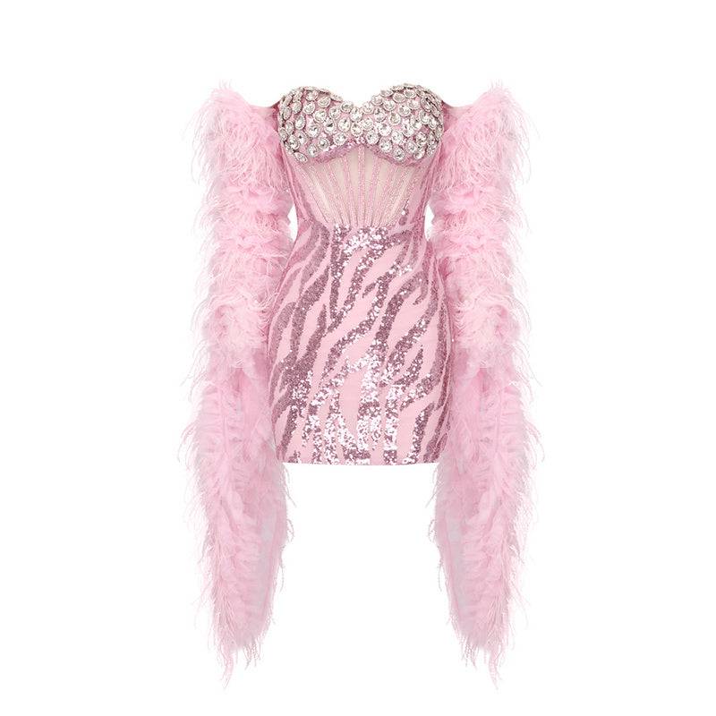 Mercina Strapless Crystal Sequins Corset Mini Dress with Feather Shawl
