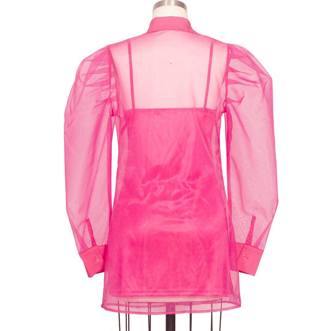 Meri Hot Pink Puff Shoulder Organza Shirt Mini Dress
