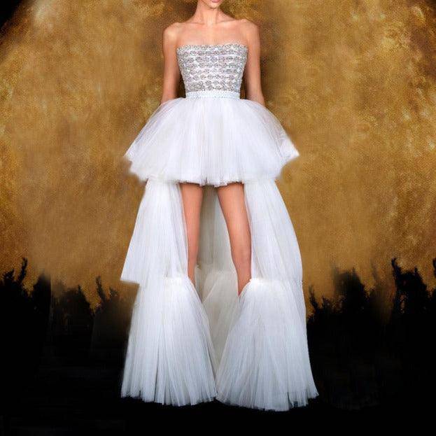 Missy Strapless Crystal Mesh Layered Pleats Maxi Dress