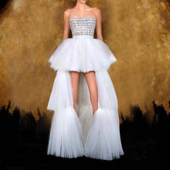 Missy Strapless Crystal Mesh Layered Pleats Maxi Dress