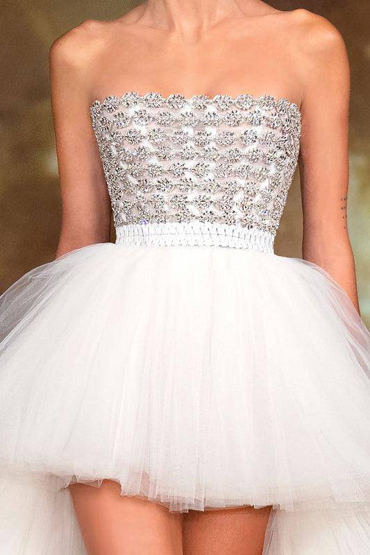 Missy Strapless Crystal Mesh Layered Pleats Maxi Dress