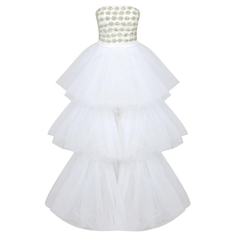 Missy Strapless Crystal Mesh Layered Pleats Maxi Dress