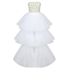 Missy Strapless Crystal Mesh Layered Pleats Maxi Dress