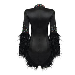 Nanette Rhinestone Long Sleeve Halter Neck Feathered Mini Dress