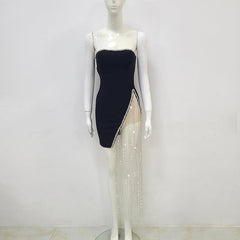 Naomi Strapless Asymmetrical Crystal Chain Hem Solid Mini Dress