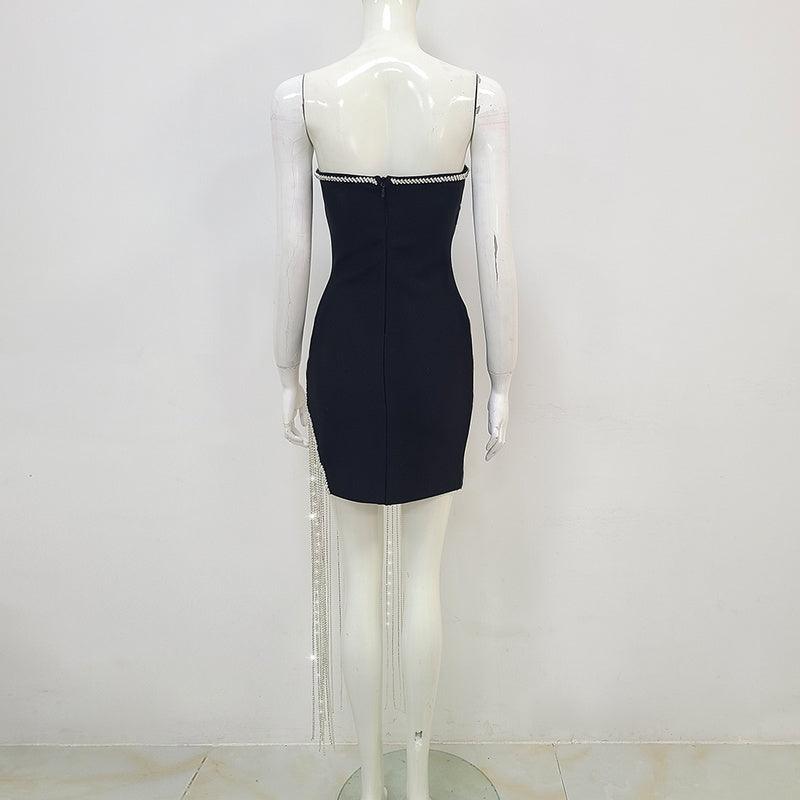 Naomi Strapless Asymmetrical Crystal Chain Hem Solid Mini Dress