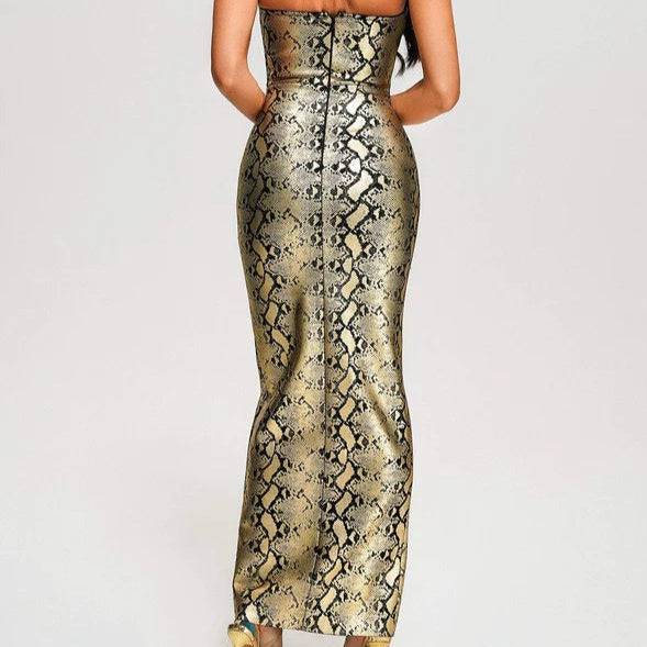 Vickie Strapless Snakeskin Print Front Lace Up Maxi Dress