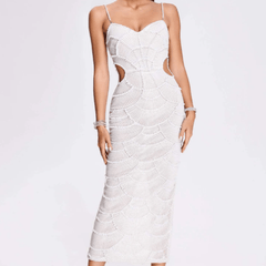 Ysa Spaghetti Strap Pearl Embellished Midi Dress