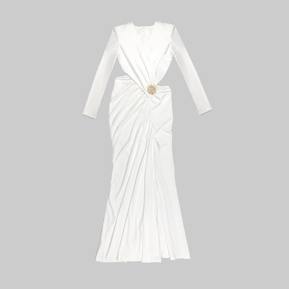 Avah Long Sleeve Side Slit Pleated Maxi Dress