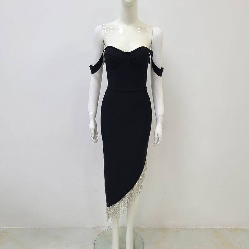 Braelyn Off Shoulder Sweetheart Neck  Asymmetrical Diamond Tassel Midi Dress