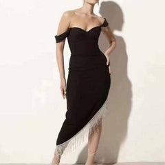 Braelyn Off Shoulder Sweetheart Neck  Asymmetrical Diamond Tassel Midi Dress