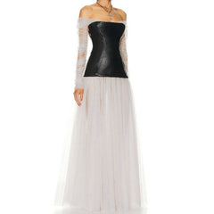 Carey Off Shoulder Long Sleeve Corset Tulle Maxi Dress