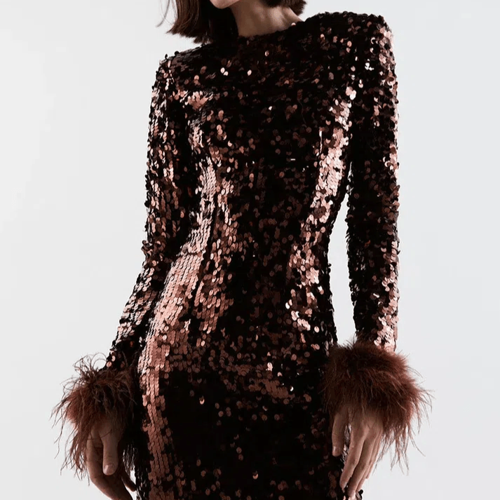 Charmaine Feather Cuff Embellished Sequins Dress