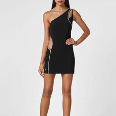Katrina Asymmetric Embellished Rhinestone Mini Dress