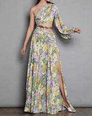 Krissy One Shoulder Chain Embellishment Floral Maxi Dress