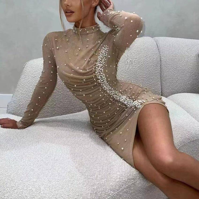 Odette Embellished Pearl Mock Neck Mini Dress