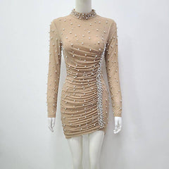 Odette Embellished Pearl Mock Neck Mini Dress