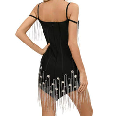 Olivia Cold Shoulder Tassel Rhinestone Dress
