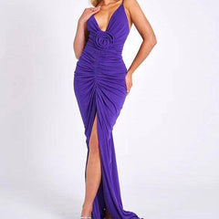 Pearl Spaghetti Strap Pleated Front Slit Maxi Dress