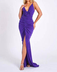 Pearl Spaghetti Strap Pleated Front Slit Maxi Dress