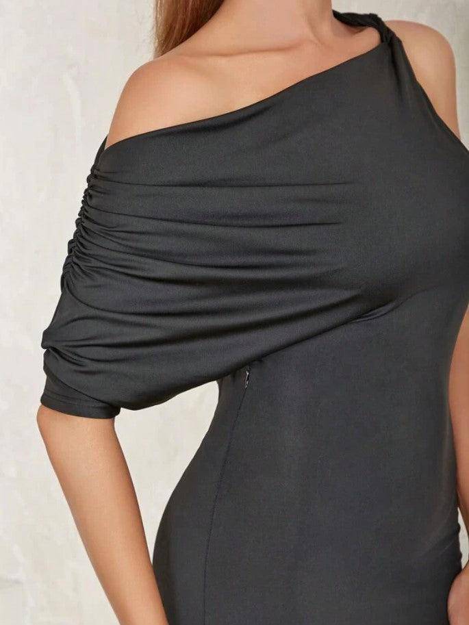 Raina Asymmetrical Neck Batwing Sleeve Mermaid Hem Dress